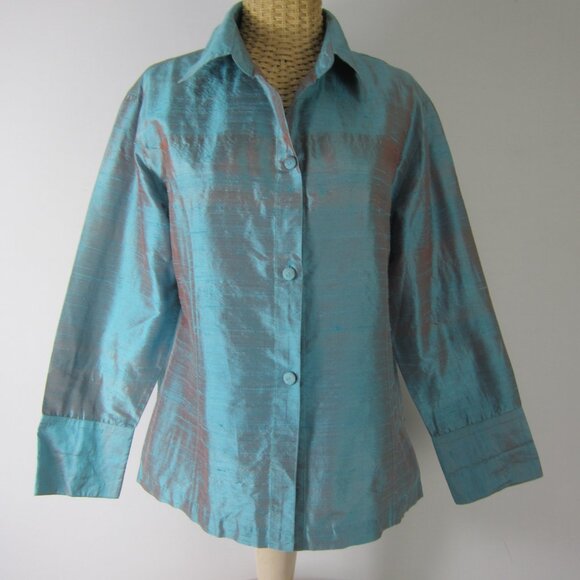 Anü by Natural Women M Turquoise Blue 100% Raw Silk Long Sleeve Shirt Iridescent - Picture 1 of 10
